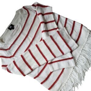 W by Worth Womens Sweater Sz S Breton Stripe Fringe Coastal Preppy Nautical  Red